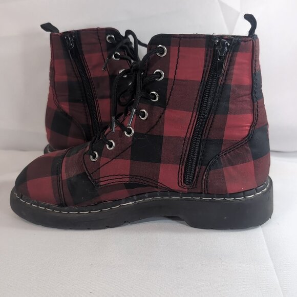 T.U.K. 2013 Anarchic Boots Plaid Red Black Lace Up Women's 9 T2192 7 Eye Punk - Picture 7 of 16